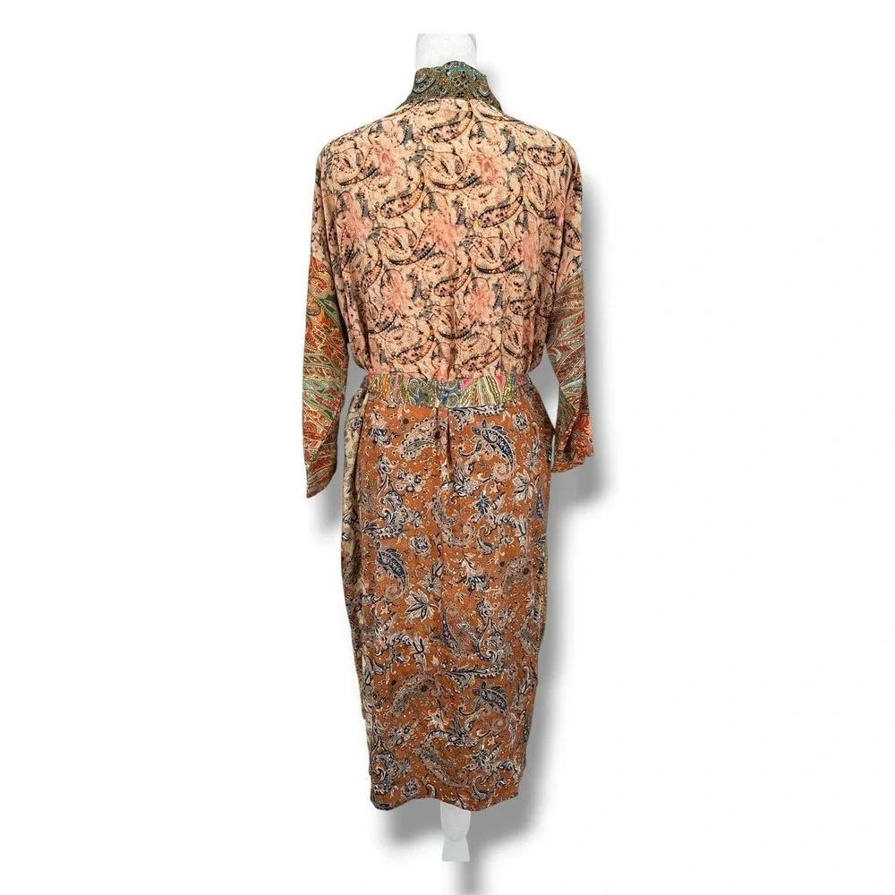 Lunas Vintage Silk Blend Kimono Robe Duster OS Boho Paisley Belted Fairy Earthy